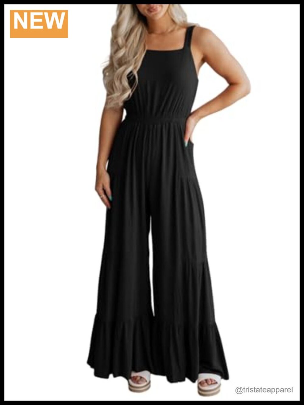 Womens Sleeveless Wide Leg Jumpsuit Ruffle Flare Smocked Summer